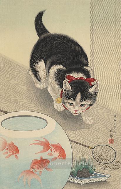 chat et bol de poisson rouge 1933 Ohara KOSON poissons Peintures à l'huile